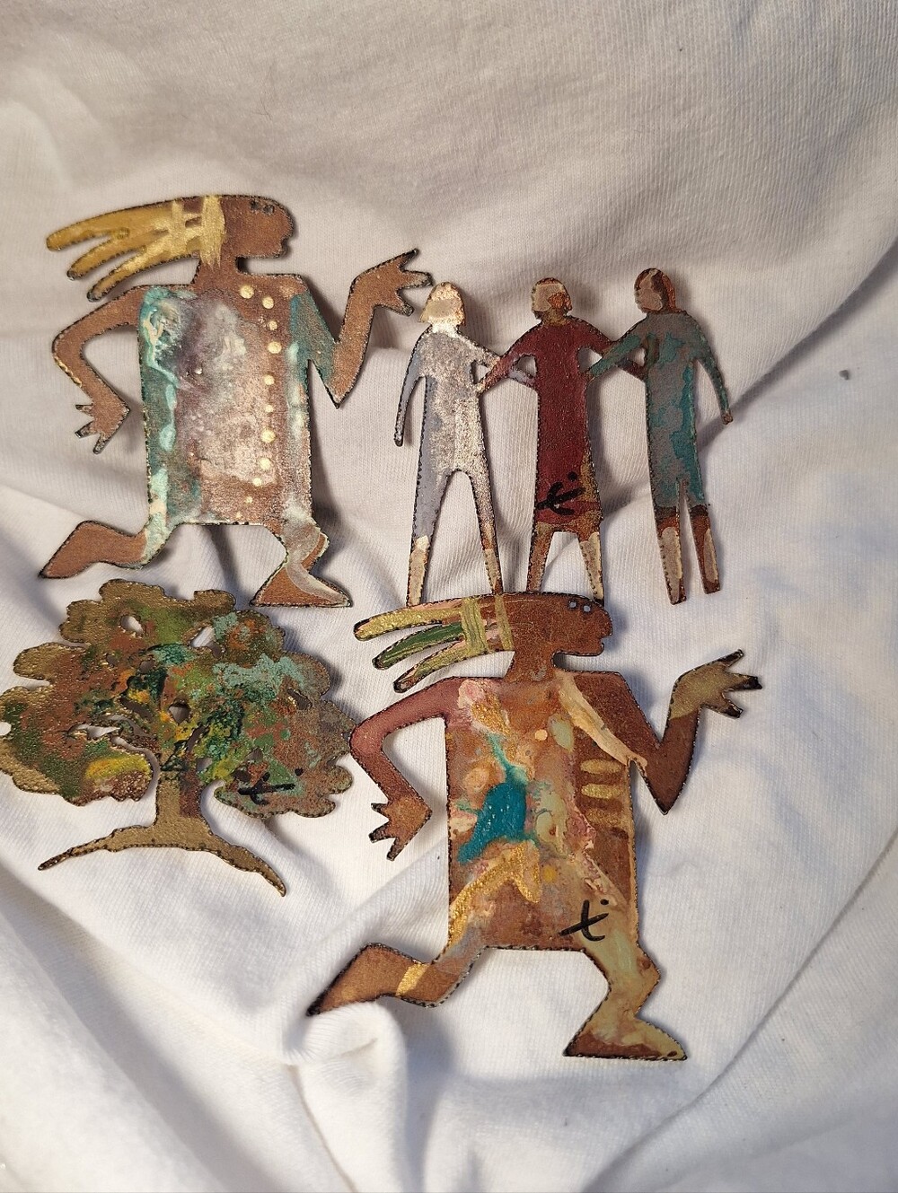 Handcrafted Copper Tone Tribal Figural Brooches Native Tree People Vintage